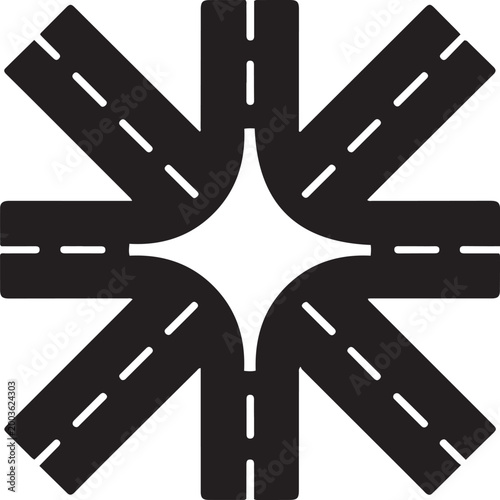 Four Way Crossroads and Interchange Glyph Icon - Road Intersection and Traffic Junction, balck icon silhouette vector