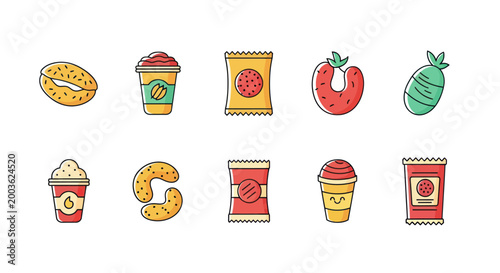 Assorted food items in a colorful illustration