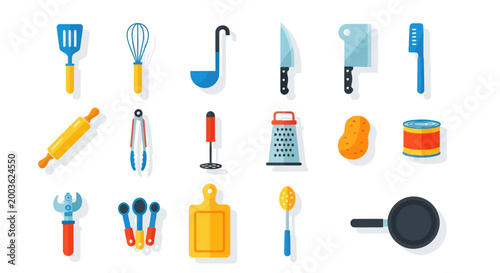 Assorted kitchen utensils on white background