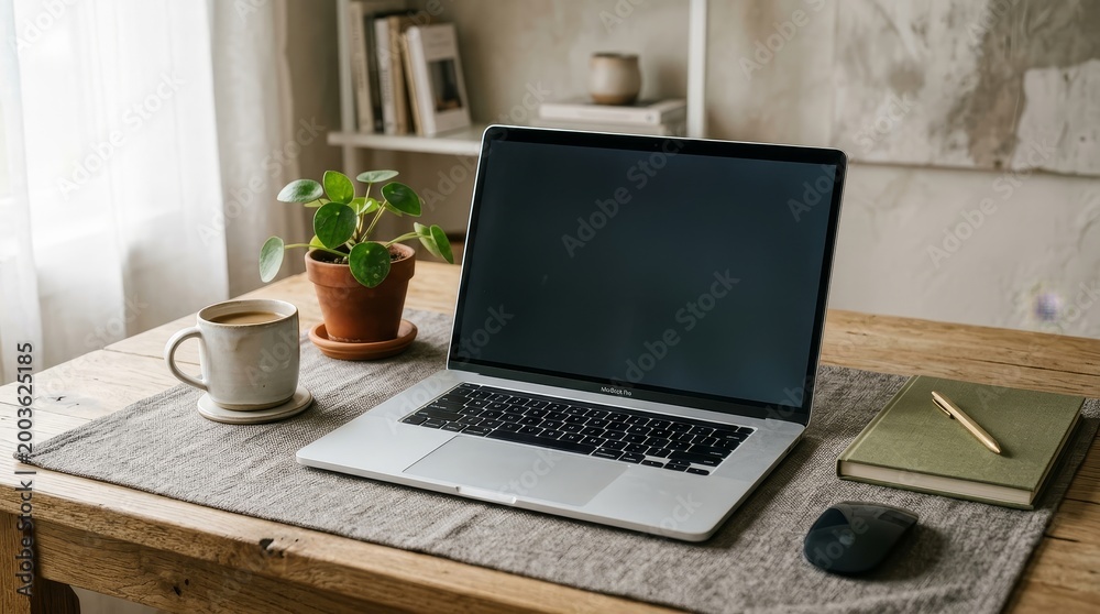 Fototapeta premium Laptop on a desk with coffee and plant