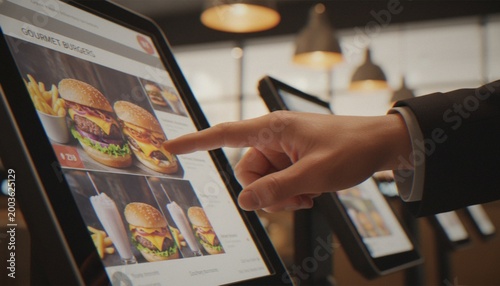Photos A close-up of a person in a suit interacting with a digital self-service ordering kiosk in a fast-food restaurant to select a gourmet burger