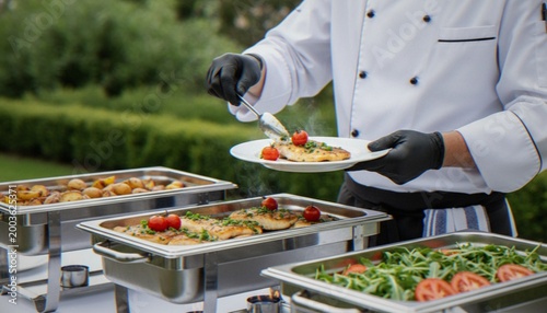 Fotografia A professional chef in a white uniform and black gloves serves freshly cooked fish garnished with cherry tomatoes from a buffet catering setup outdoors
