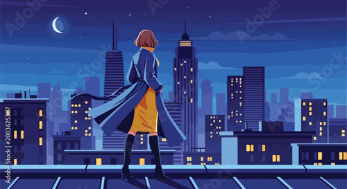 Cinematic city night vector illustration, woman in coat standing on rooftop overlooking urban skyline, dark blue evening cityscape with skyscrapers