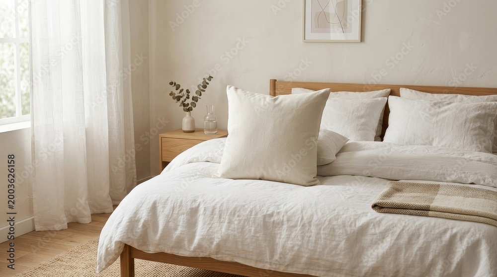 Obraz premium Cozy beige linen bedding on a comfortable bed