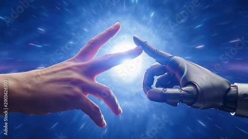 A human hand and a robotic hand are reaching towards each other in a futuristic, abstract scene with a bright light in the background