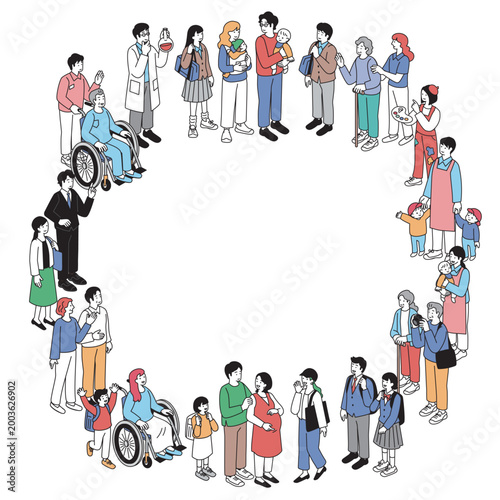 円形に並ぶアイソメトリック構図の色々な人々のイラストセット