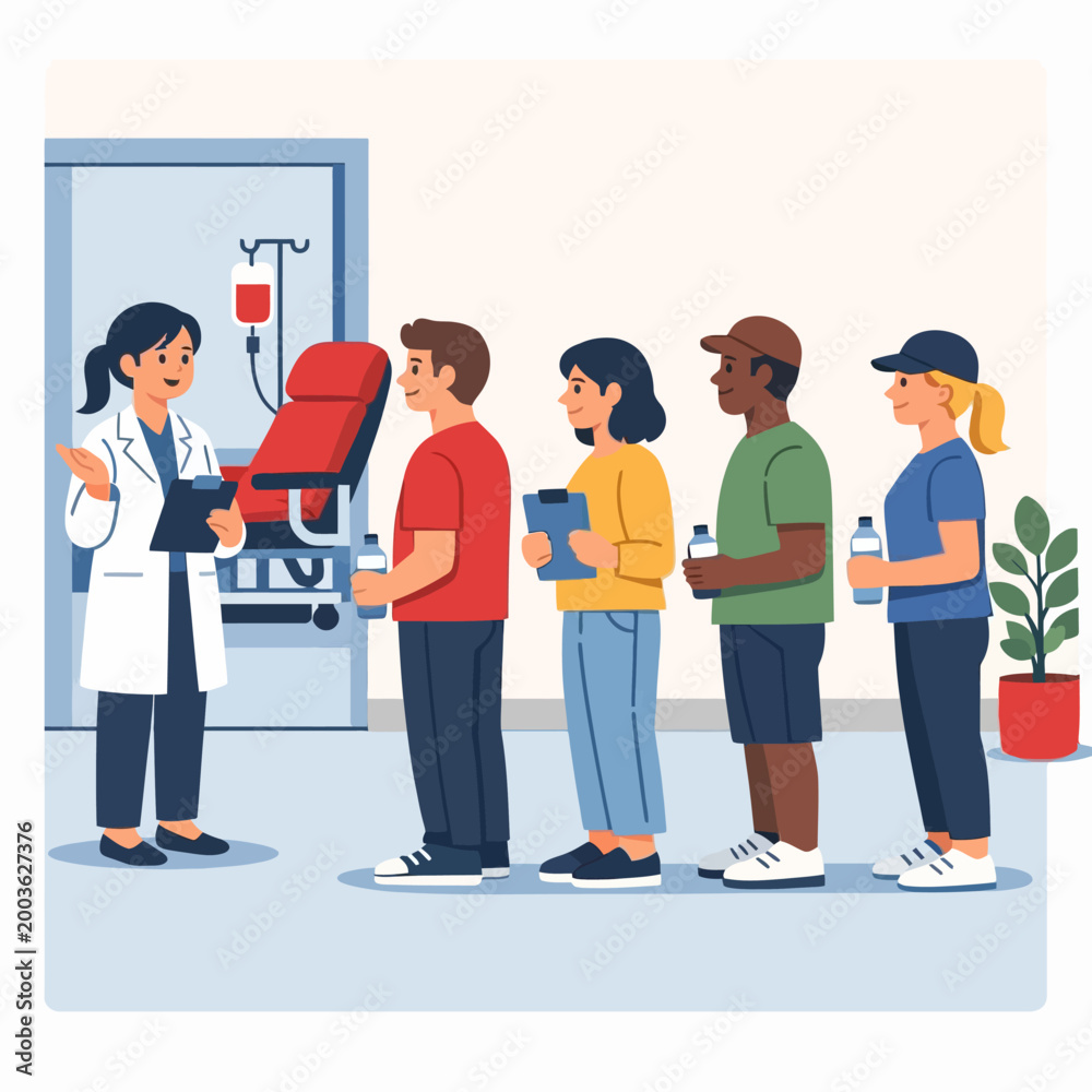 Fototapeta premium People Waiting in Line to Donate Blood in a Clinic