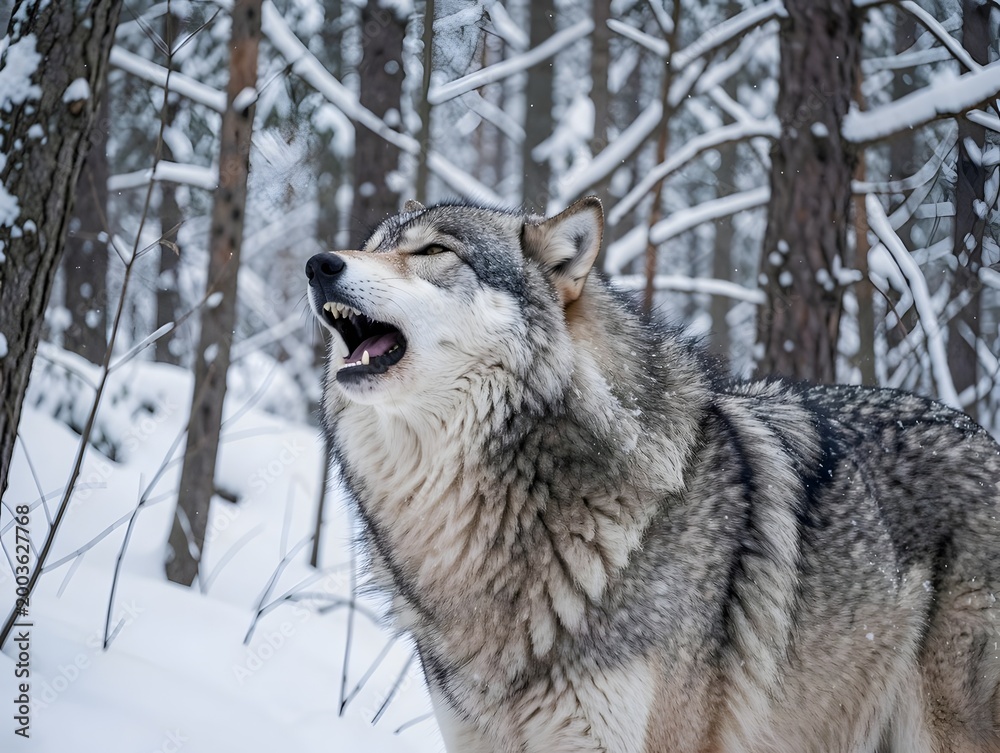 Fototapeta premium Wolf howling in winter forest