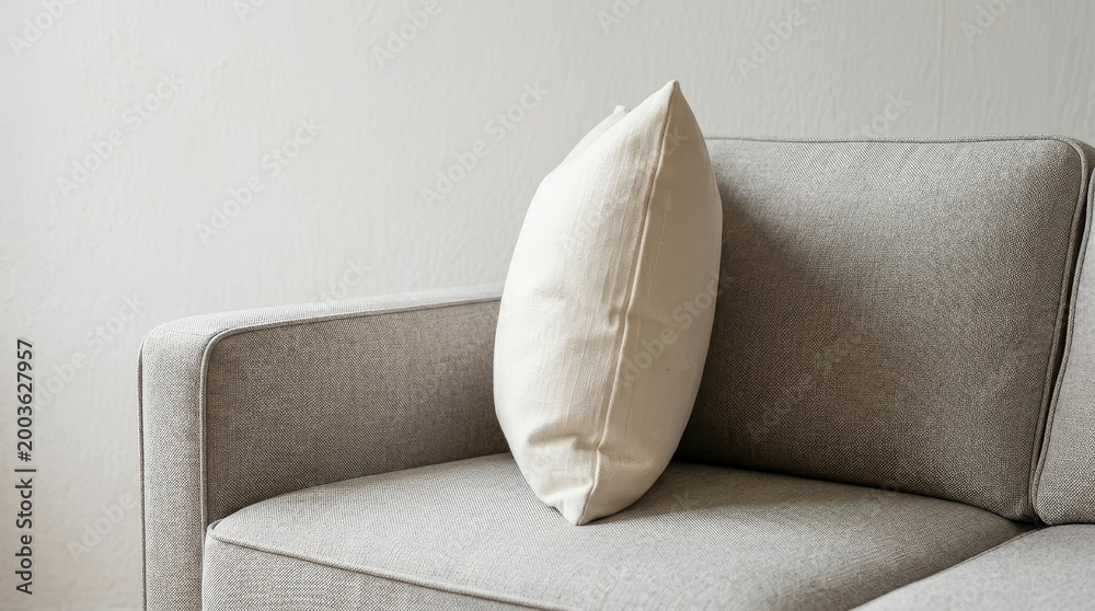 Fototapeta premium A soft cream pillow rests on a gray sofa
