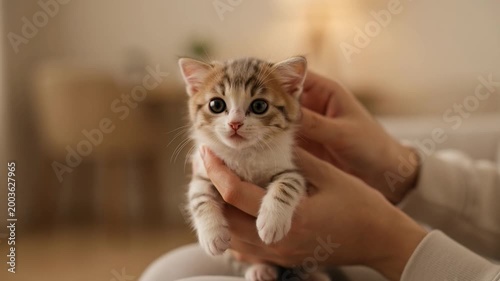 A small, adorable kitten is being held gently in a person hands, creating a tender and heartwarming moment
