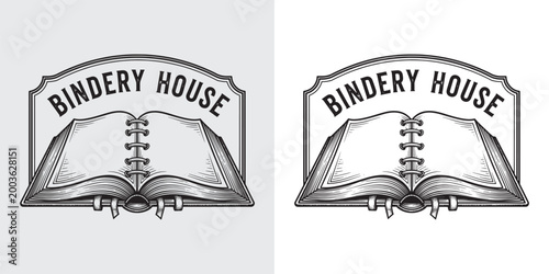 Photos Bindery House Open Book Logo Illustration with Vintage Frame and Spine Detail