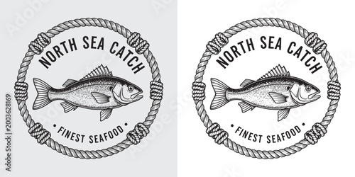 North Sea Catch Finest Seafood Logo with Fish and Nautical Rope Frame