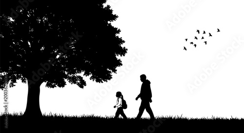 Minimalist vector graphic illustration featuring a silhouette of a parent walking with their young school child through a grassy field under a large old oak tree