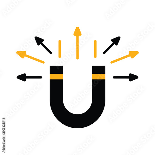 Horseshoe magnet icon featuring black magnet with yellow and black radiating arrows symbolizing attraction influence and magnetic field in modern vector design