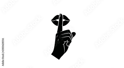 Black and white vector illustration graphic design of a finger with lips to indicate silence or secrecy.