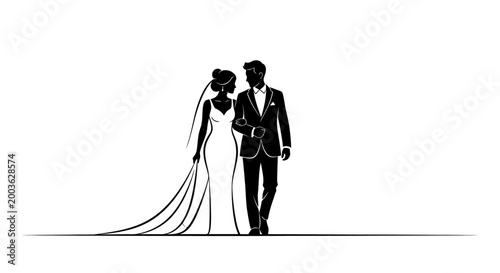 Minimalist vector illustration of a happy bride and groom walking together as a married couple during their beautiful wedding ceremony in a simple artistic style