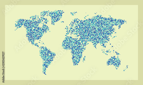 Modern digital world map mosaic in blue hexagons. Vector illustration of a world map composed of blue hexagonal data points. This abstract graphic symbolizes global connectivity and big data.