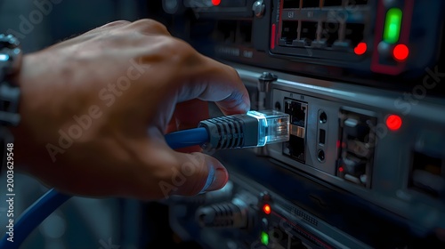 Person plugging in to ethernet cable, connecting computer to local network and internet for high speed technology and communication