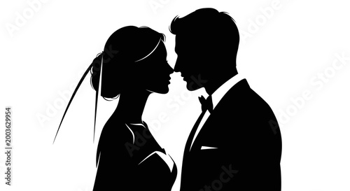 Elegant vector illustration of a bride and groom in silhouette, intimately close, signifying eternal love and the promise of a beautiful shared future, perfect for wedding designs.