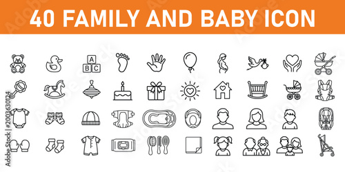 Collection of hand drawn family and baby icons with baby bottle rocking horse family tree child development stroller