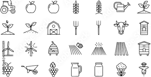 Bilde på lerret Agriculture and Farming Line Art Icons Set - Outline Farm, Food, and Rural Life