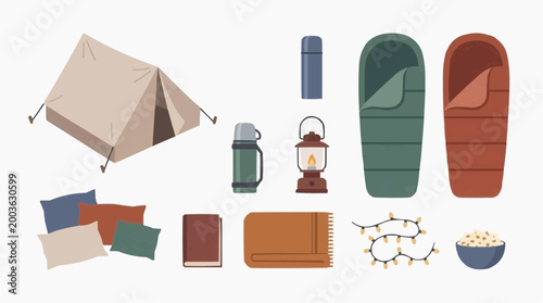 Camping essentials and accessories, from tent and sleeping bags to decorative lights, create a beautiful flat lay illustration for outdoor adventure. 