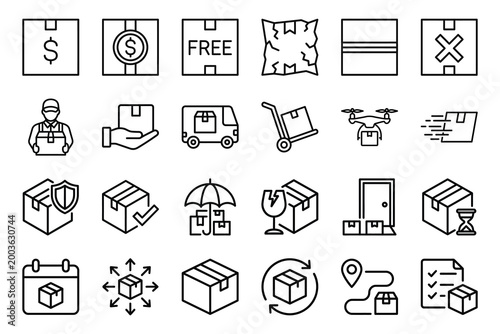 Delivery and logistics line icons set for shipping package tracking e-commerce services with e commerce, delivery