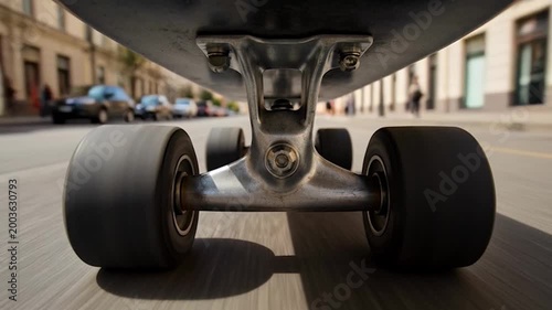 A low-angle perspective captures the underside of a skateboard as it moves rapidly along a paved surface, creating a sense of motion