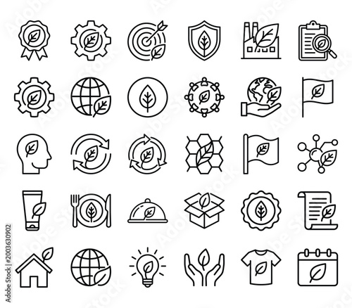 Eco-friendly and environment line icons set for green energy sustainability nature protection with environment, clothing