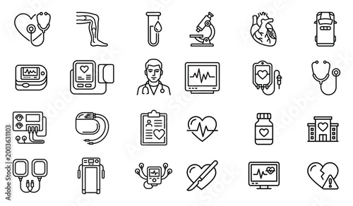 Healthcare and cardiology medical icon set featuring heart rate monitors stethoscopes hospital buildings and tools