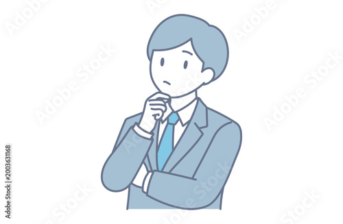 顎に手を当てて考えるビジネスマンのシンプルイラスト