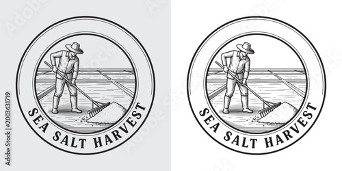Bild auf Leinwand Traditional Salt Farmer Raking Sea Salt - Vintage Salt Harvest Illustration