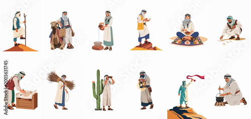 Vector illustration set of Middle Eastern men in traditional clothing performing various desert activities, including travel, navigation, and daily survival tasks.