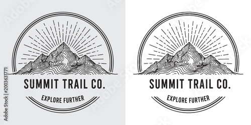 Hand Drawn Mountain Range with Sunburst - Vintage Outdoor Adventure Logo