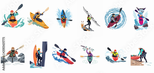 Collection of flat vector illustrations depicting various kayaking activities, whitewater rafting, paddling, and outdoor adventures on water.