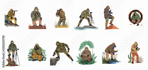 Set of diverse wildlife photographer illustrations wearing camouflage ghillie suits while capturing nature in various outdoor environments using professional camera equipment.