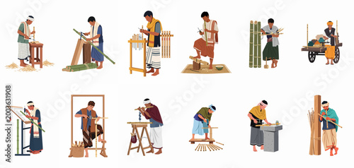Illustration set of traditional Asian craftsmen making and playing bamboo flutes, showcasing various stages of manual instrument production and folk music performance.