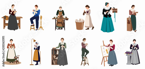 Set of diverse illustrations featuring people in historical costumes performing various tasks in the traditional art of glove making and leather craftsmanship.
