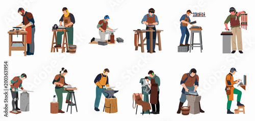 Collection of flat vector illustrations depicting professional craftsmen and women crafting, sharpening, and forging knives and swords in their workshops.