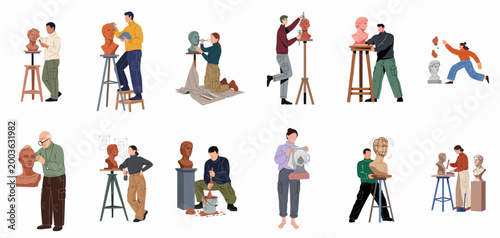 Collection of diverse sculptors and artists creating and working on clay bust sculptures in a creative studio environment illustration.
