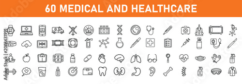 Medical and healthcare services diagnostic line icon collection with healthcare medicine diagnosis hospital pharmacy