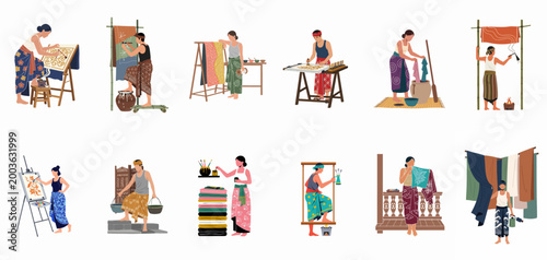 Set of flat illustrations showing various stages of the traditional Indonesian batik making process including drawing, dyeing, and drying fabric.