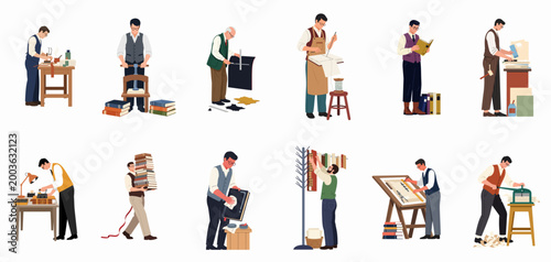 Collection of Flat Illustrations Depicting Professional Bookbinders and Craftsmen Engaged in Traditional Book Restoration and Binding Techniques.