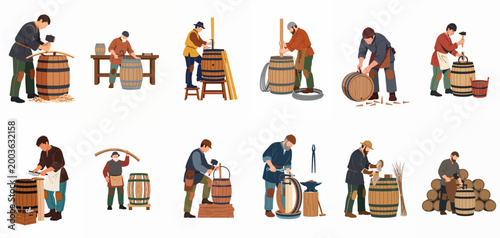 Set of flat illustrations depicting traditional medieval coopers or barrel makers at work using various historical tools for woodcraft and barrel assembly.
