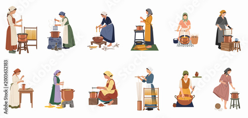 Set of diverse illustrations depicting women in historical clothing practicing the traditional craft of handmade candle dipping and candle making.