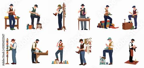 Collection of professional male cobblers in vintage clothing working on handmade leather shoes and boots, using traditional tools and craftsmanship techniques in flat style