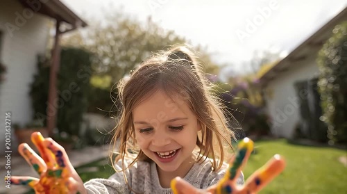 Joyful young girl proudly displays her colorful painted hands and a vibrant artwork plate celebrating creativity and childhood fun in a sunlit garden setting