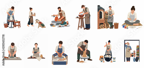 Collection of illustrations depicting people engaged in various stages of the pottery and ceramic making process in an artisanal studio.