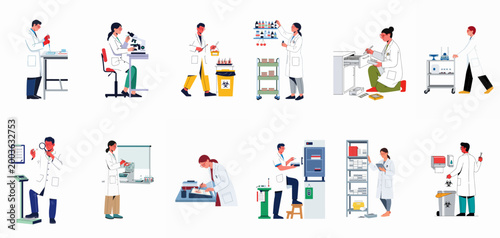 Collection of scientific researchers and laboratory workers performing experiments, testing samples, and managing lab equipment in a modern scientific environment.