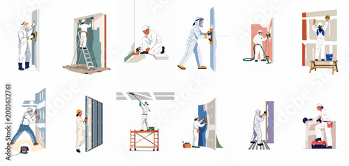 Collection of professional construction workers performing wall finishing, plastering, and sanding tasks in protective gear, isolated on white background.